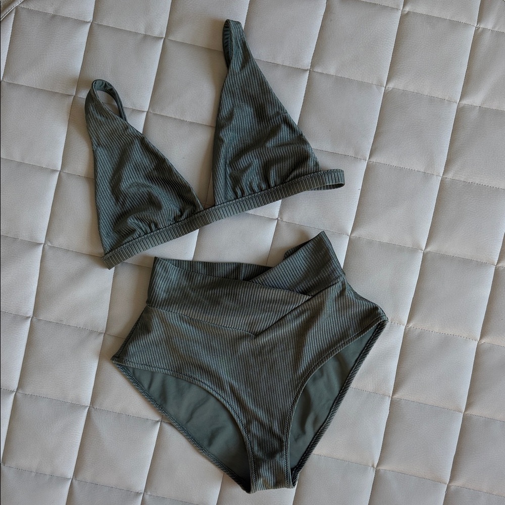 aerie Ribbed High-Waist Bikini Set in Olive Green